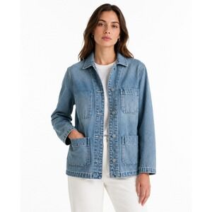 Quince Chore Jacket Women Medium Blue Organic Cotton Denim Utility Coat Workwear